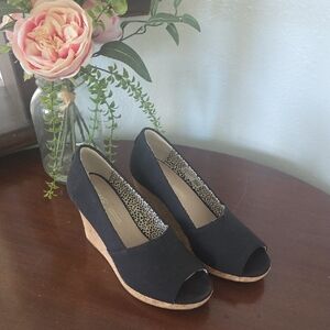 Toms Black Peep-Toe Cork Wedges
